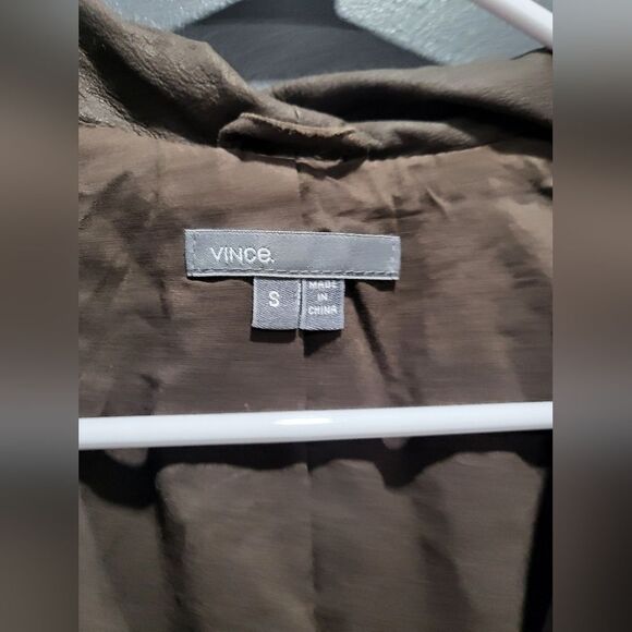 Vince Brown Leather Wool Cotton Blend Drape Neck Moto Jacket Sz S - Picture 2 of 12